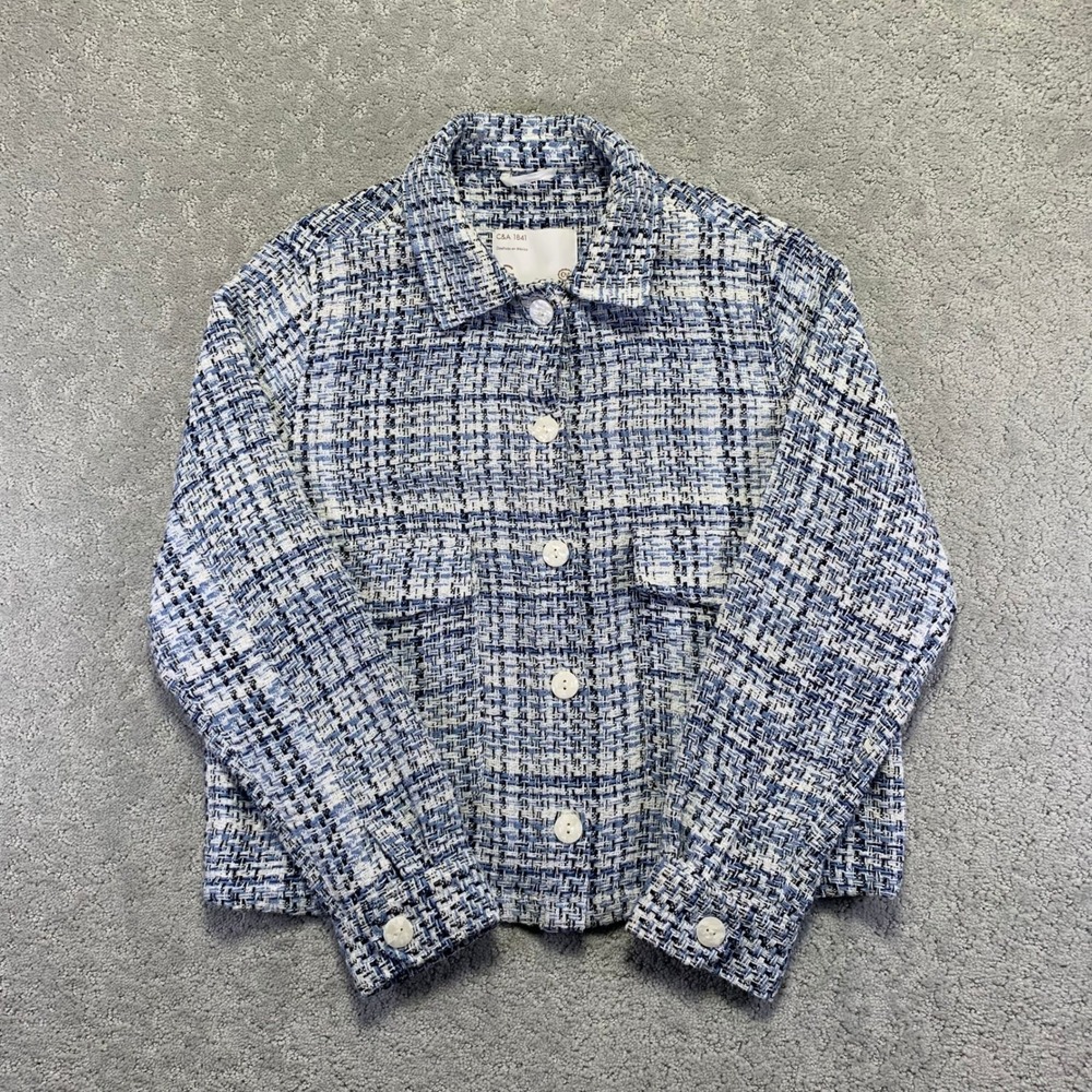 C&A Jacket Womens M? Blue White Plaid Textured Cropped Cardigan Blazer Preppy